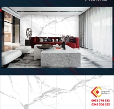 Gạch tranh trang trí phòng khách 90x180 màu trắng vân khói cao cấp